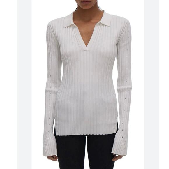 Women’s Helmut Lang Knit Slash Long Sleeve Polo in Plaster SZ XS - Picture 1 of 4